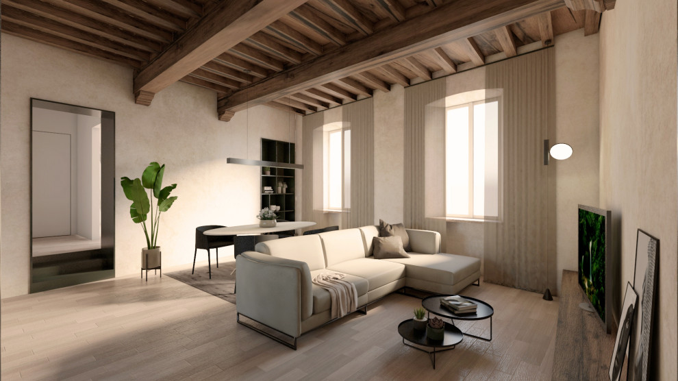 Inspiration for a medium sized contemporary open plan living room in Milan with beige walls, light hardwood flooring, no fireplace, a wall mounted tv, beige floors and a wood ceiling.