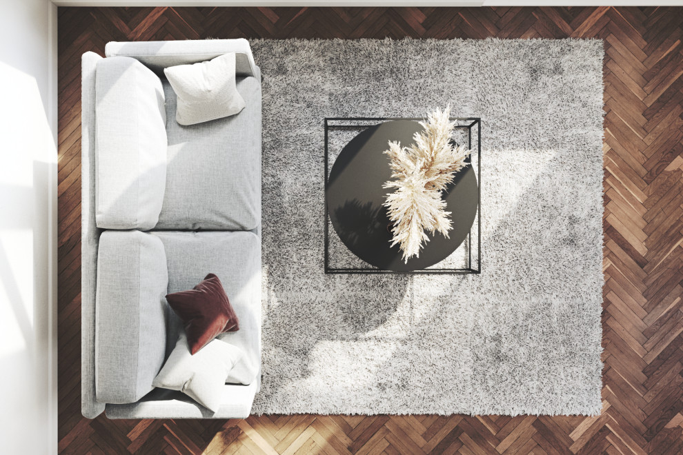 Modelo de sala de estar nórdica con paredes blancas, suelo de madera en tonos medios y suelo marrón