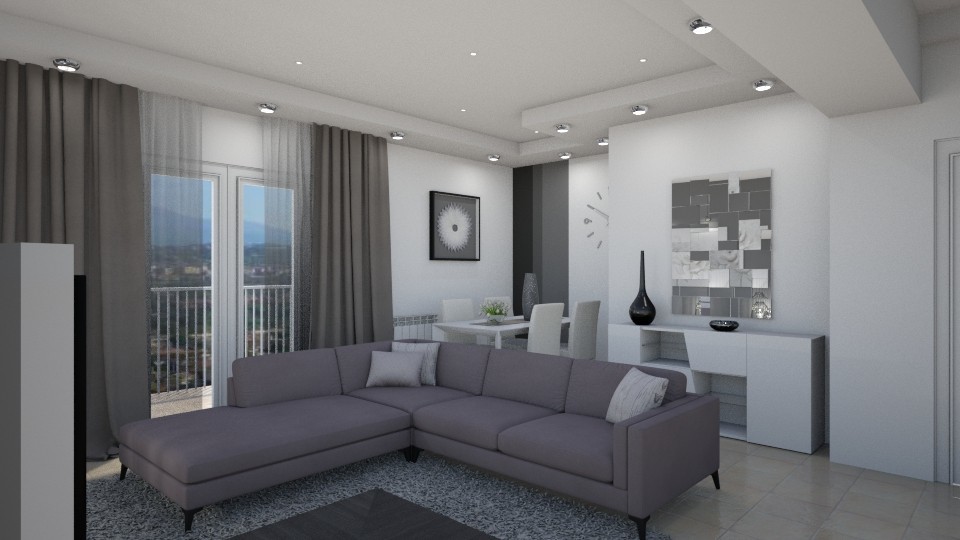 Idee per un soggiorno minimal di medie dimensioni e aperto con pareti grigie, pavimento in gres porcellanato, parete attrezzata e pavimento beige