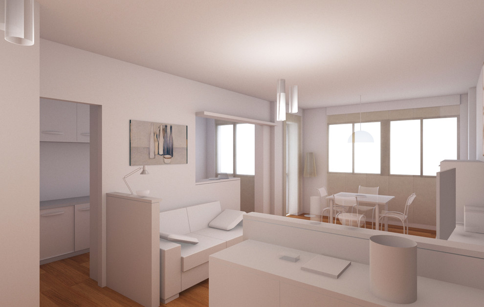 Идея дизайна: открытая гостиная комната среднего размера в современном стиле с светлым паркетным полом