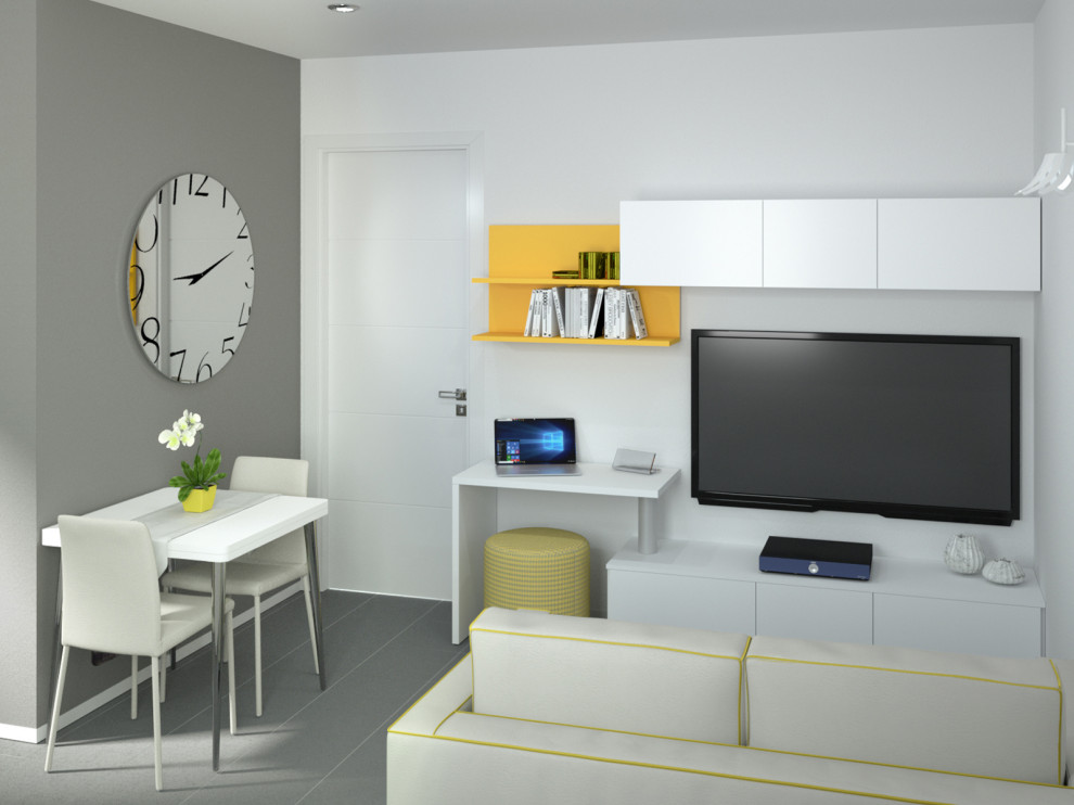 Идея дизайна: маленькая открытая гостиная комната в стиле модернизм с белыми стенами, полом из керамогранита, серым полом, телевизором на стене и акцентной стеной без камина для на участке и в саду