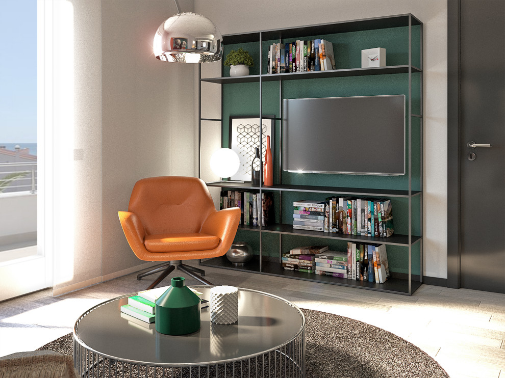 Mittelgroßes, Offenes Modernes Wohnzimmer mit grüner Wandfarbe, Laminat, TV-Wand und grauem Boden in Mailand