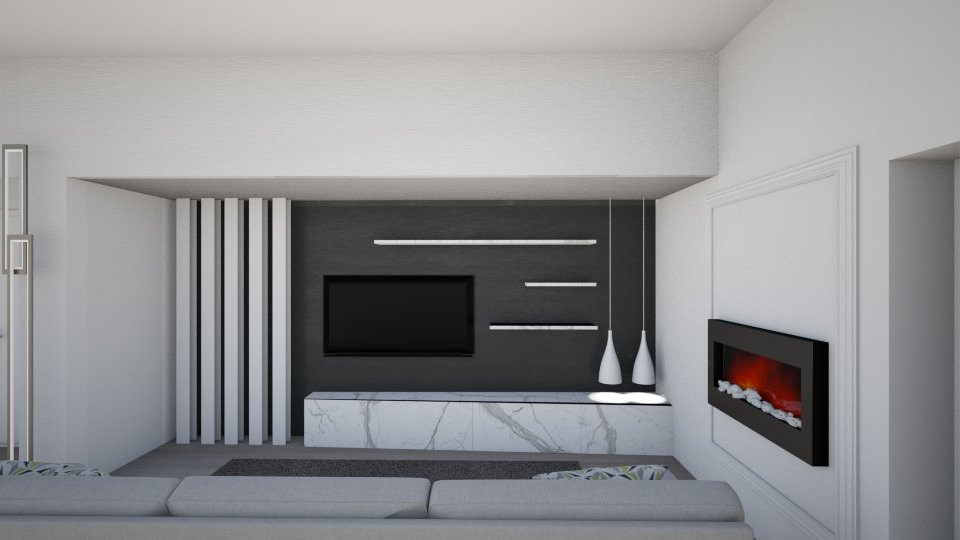 Foto de salón abierto moderno con paredes blancas, suelo de madera clara, televisor colgado en la pared, suelo gris, vigas vistas y panelado