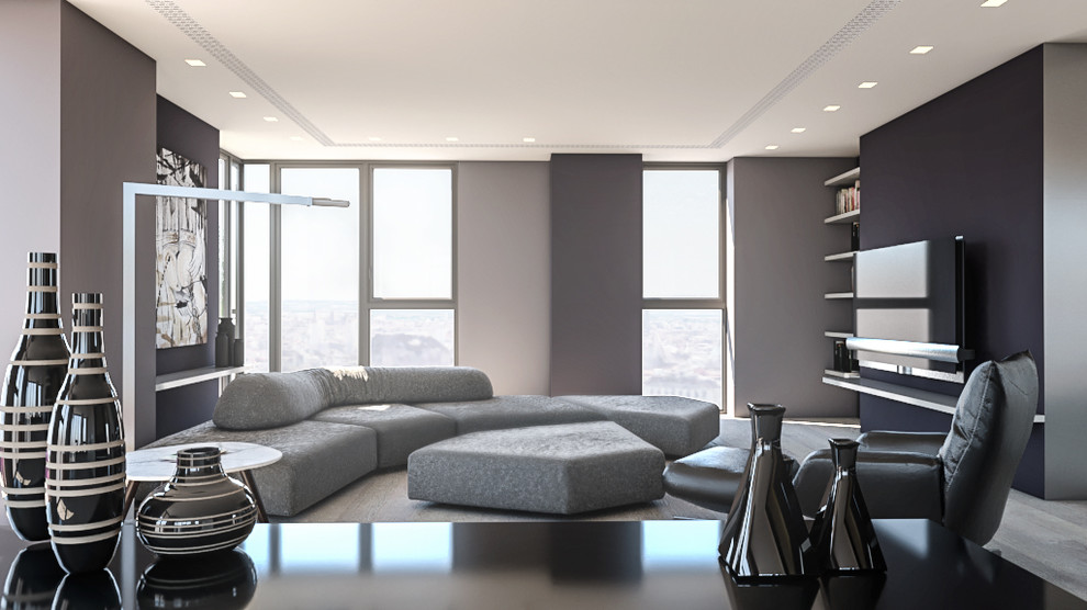 Idee per un grande soggiorno minimal aperto con angolo bar, pareti viola, parquet chiaro, TV a parete e pavimento beige
