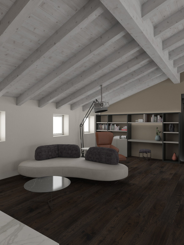 Living room library - huge contemporary open concept dark wood floor and exposed beam living room library idea in Other with a tile fireplace and a wall-mounted tv