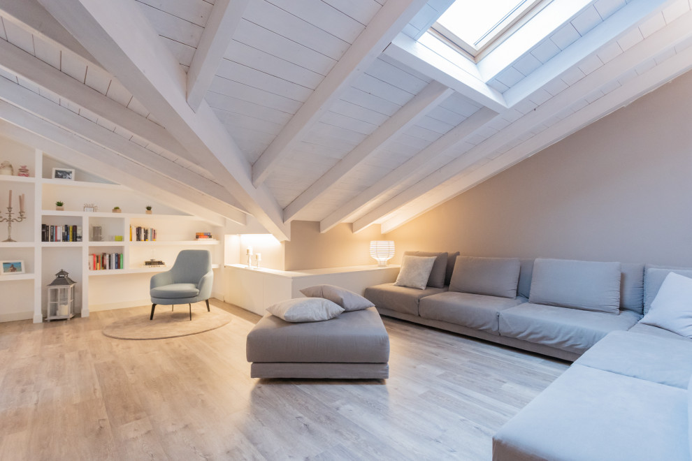 This is an example of a medium sized contemporary open plan living room in Other with a reading nook, laminate floors, brown floors, grey walls, exposed beams, a timber clad ceiling and a vaulted ceiling.