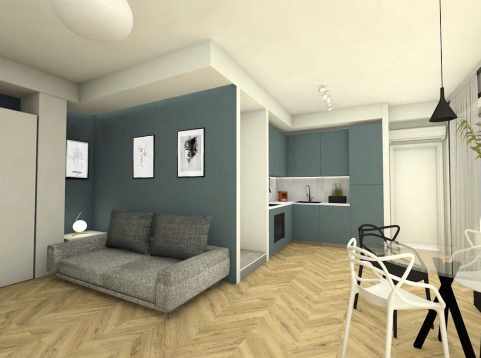 Immagine di un soggiorno design con pareti blu