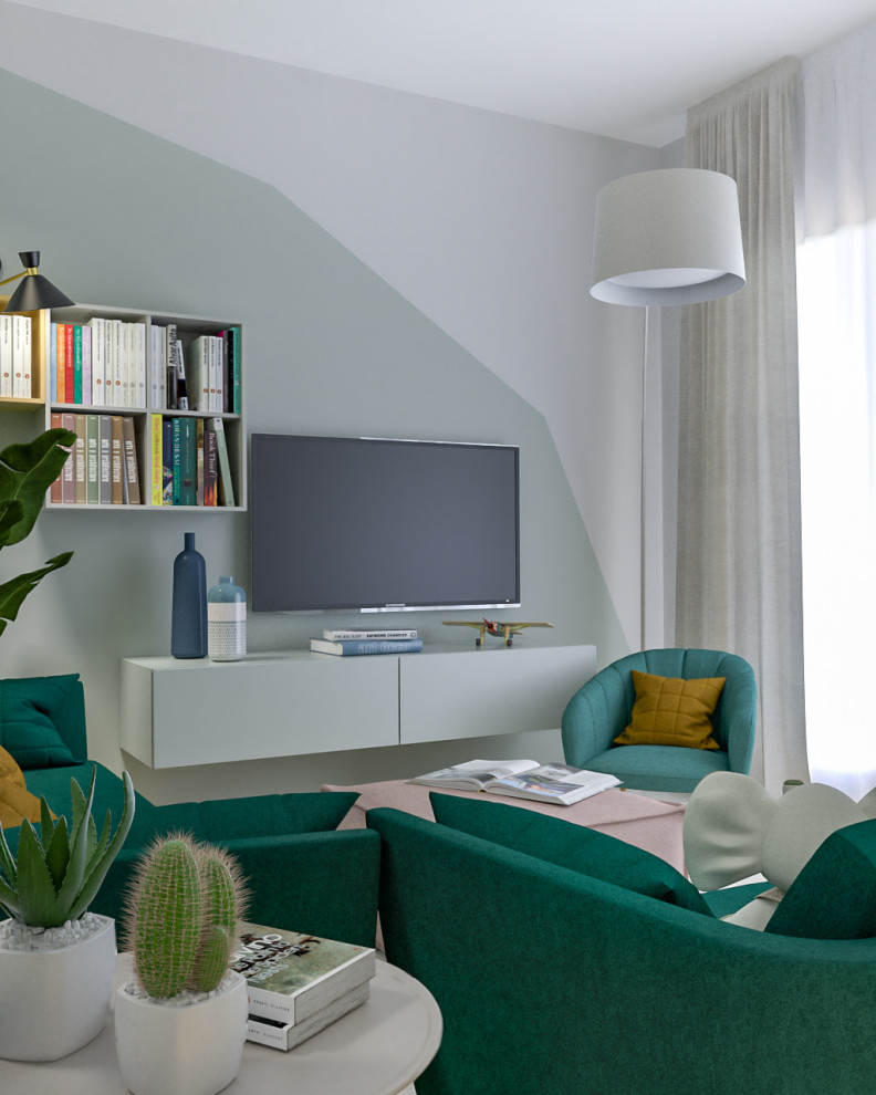 Diseño de biblioteca en casa abierta nórdica de tamaño medio con paredes multicolor, suelo de madera clara y televisor colgado en la pared