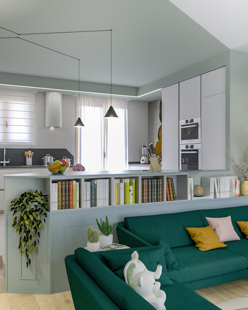 Idee per un soggiorno scandinavo di medie dimensioni e aperto con libreria, pareti multicolore, parquet chiaro e TV a parete