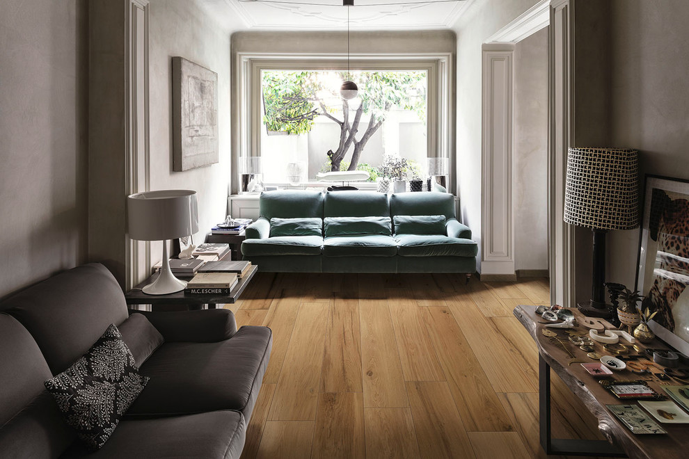 Foto di un soggiorno con pavimento in gres porcellanato