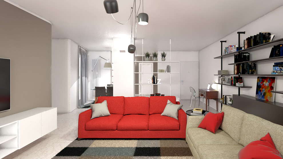Ispirazione per un soggiorno minimal di medie dimensioni e aperto con pareti bianche e pavimento in marmo