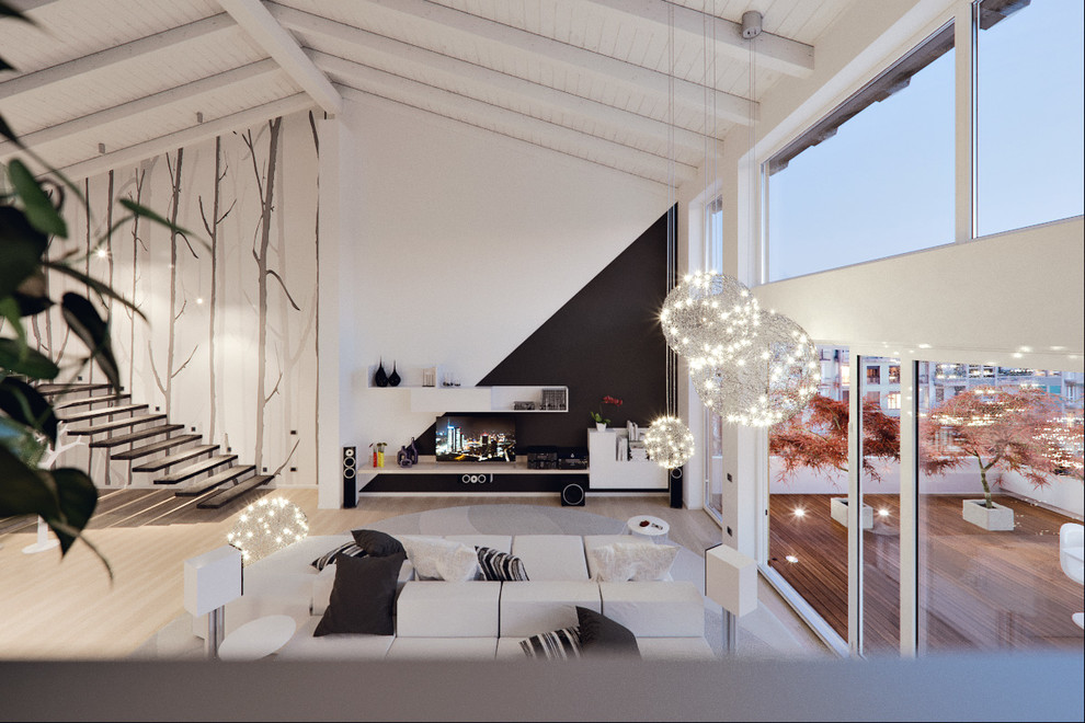 Ispirazione per un ampio soggiorno minimal stile loft con libreria, pareti bianche, parquet chiaro, parete attrezzata e pavimento beige