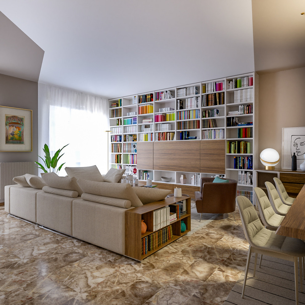 Idee per un grande soggiorno design aperto con libreria, pareti multicolore, pavimento in marmo, camino classico, parete attrezzata e pavimento marrone