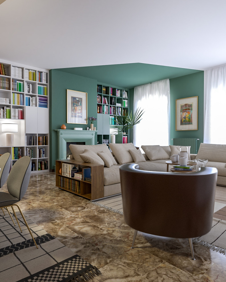 Esempio di un grande soggiorno minimal aperto con libreria, pareti multicolore, pavimento in marmo, camino classico, parete attrezzata e pavimento multicolore