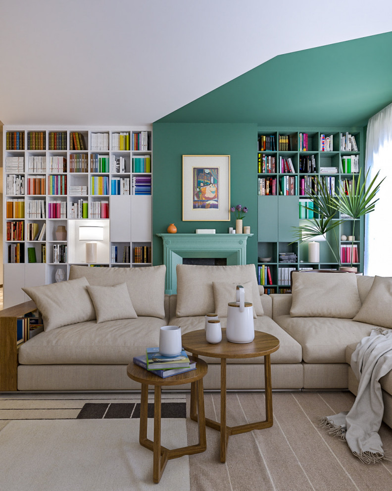 Источник вдохновения для домашнего уюта: большая открытая гостиная комната в современном стиле с с книжными шкафами и полками, разноцветными стенами, мраморным полом, стандартным камином, мультимедийным центром и разноцветным полом