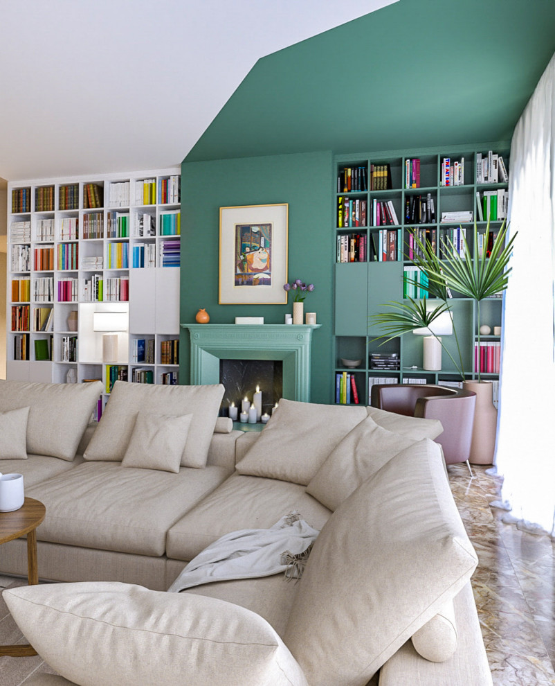 Immagine di un grande soggiorno minimal aperto con libreria, pareti multicolore, pavimento in marmo, camino classico, parete attrezzata e pavimento multicolore