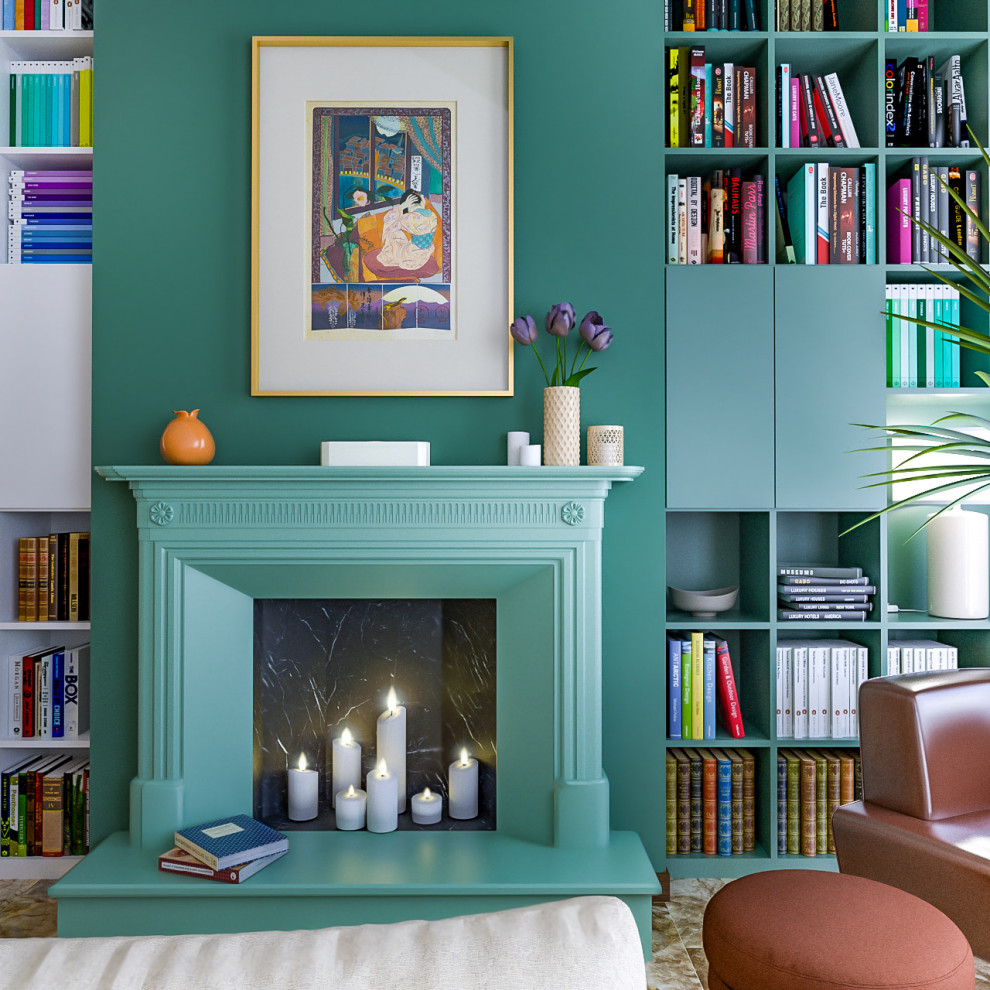 Immagine di un grande soggiorno design aperto con libreria, pareti multicolore, pavimento in marmo, camino classico, parete attrezzata e pavimento multicolore