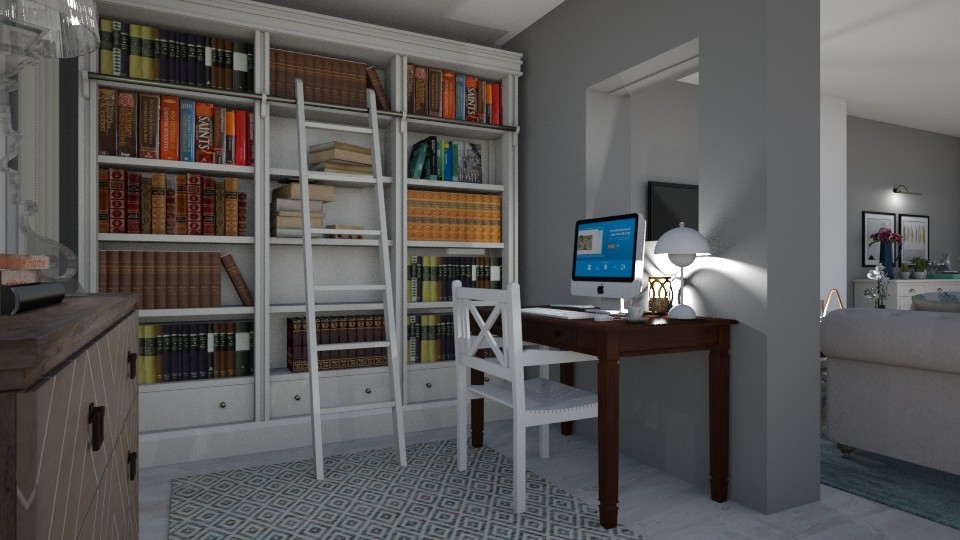 Ejemplo de biblioteca en casa abierta romántica extra grande con paredes grises, suelo de madera pintada y televisor colgado en la pared