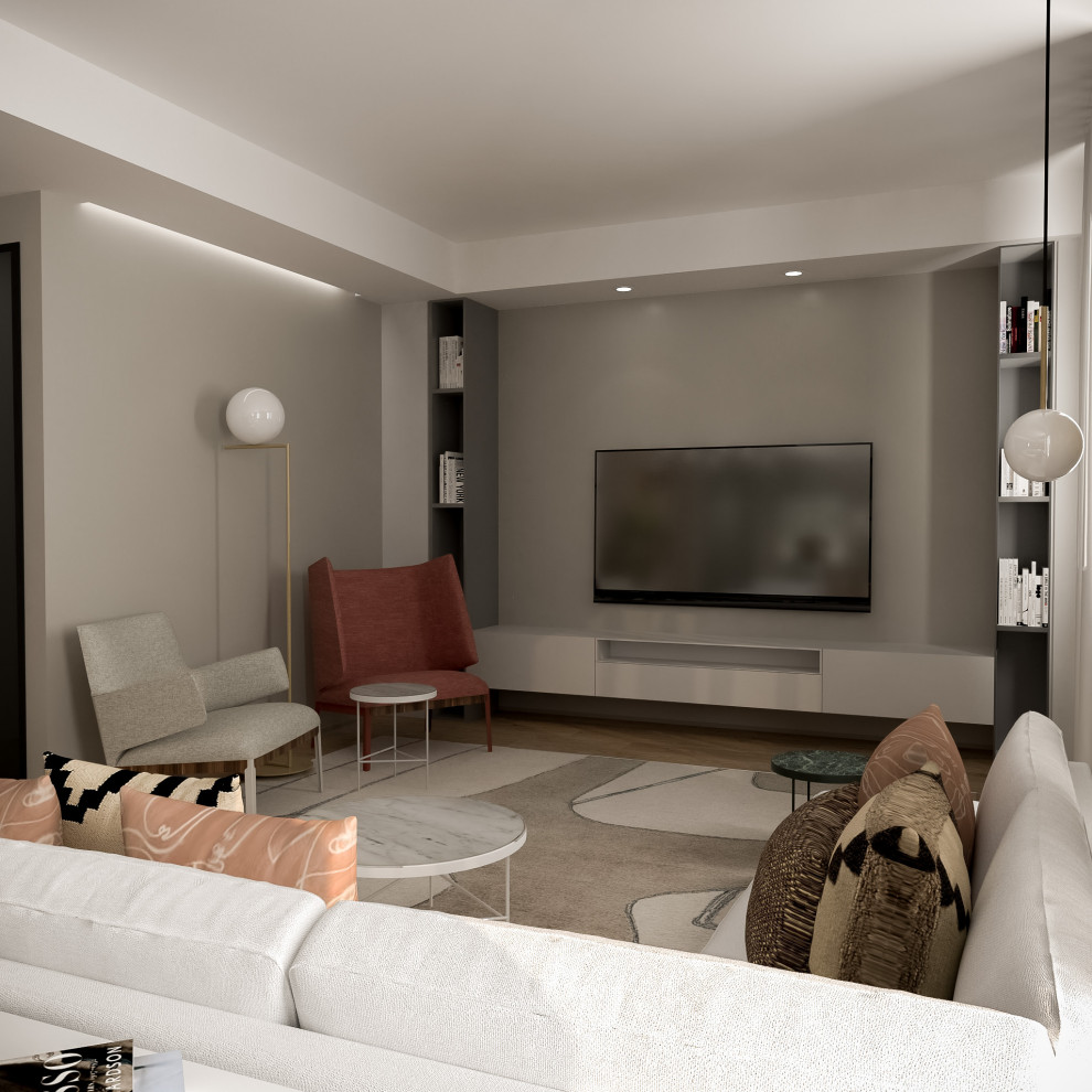 Ispirazione per un ampio soggiorno design aperto con pareti beige, TV a parete, soffitto ribassato e carta da parati