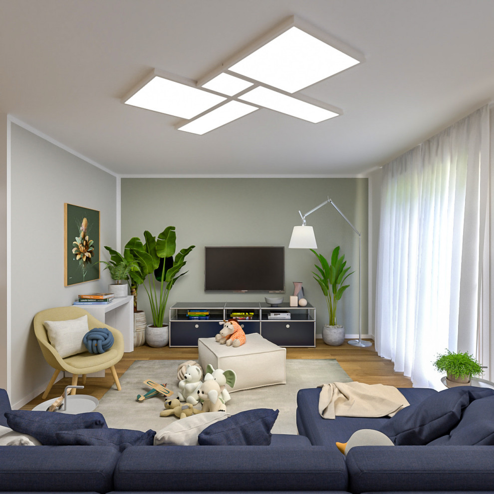 Immagine di un soggiorno design di medie dimensioni e aperto con pareti multicolore e parquet chiaro