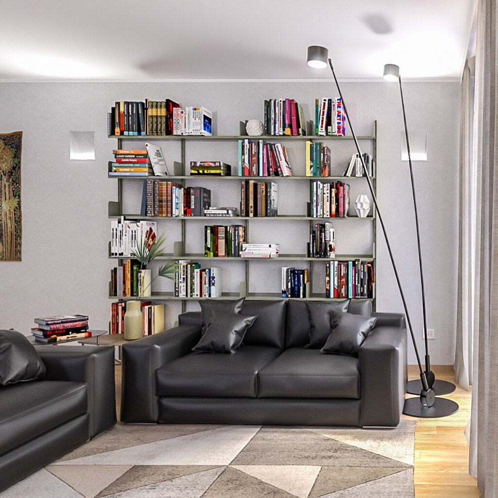 Idee per un soggiorno design di medie dimensioni e aperto con libreria, pareti grigie, parquet chiaro e TV autoportante