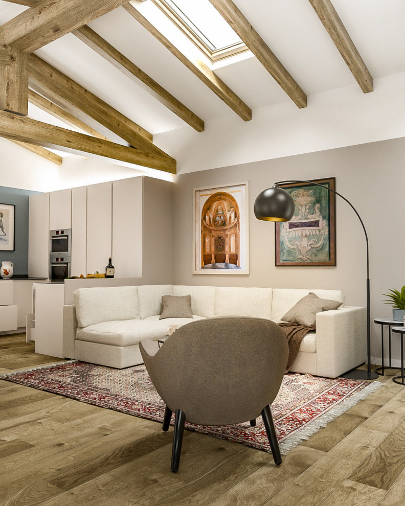 ミラノにある高級な広いコンテンポラリースタイルのおしゃれなLDK (マルチカラーの壁、磁器タイルの床、薪ストーブ、タイルの暖炉まわり、埋込式メディアウォール、茶色い床、表し梁) の写真