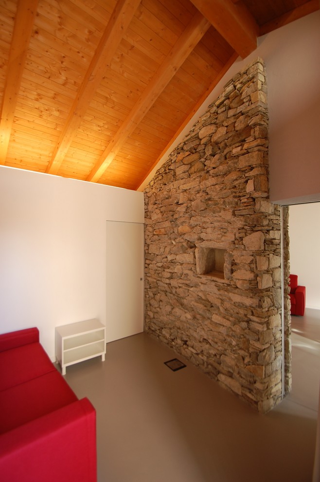 Foto di un soggiorno design di medie dimensioni e chiuso con pareti bianche, pavimento in cemento e pavimento grigio