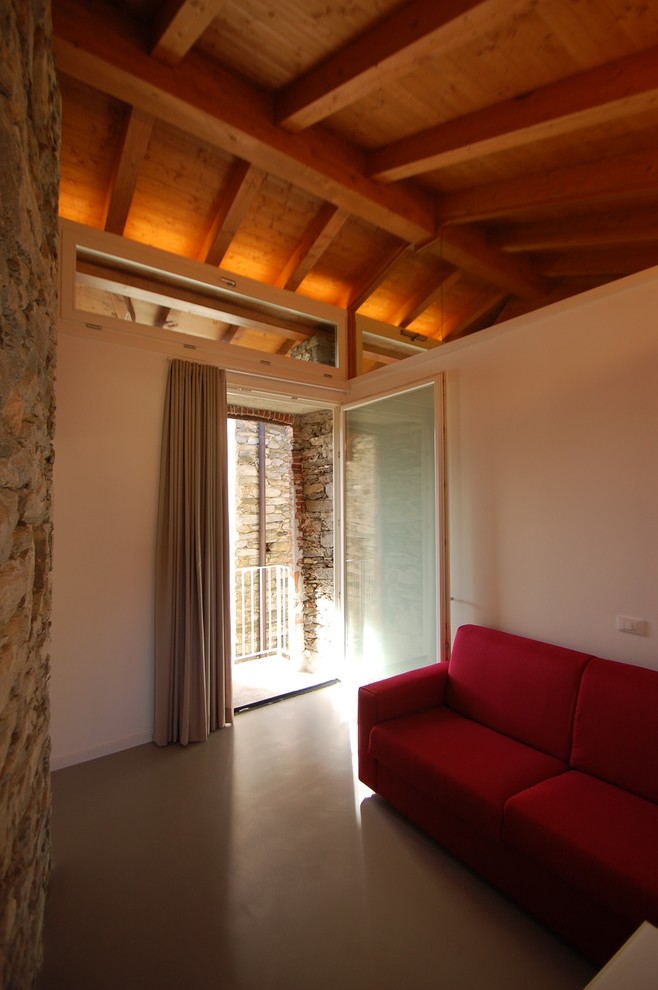 Immagine di un soggiorno design di medie dimensioni e chiuso con pareti bianche, pavimento in cemento e pavimento grigio