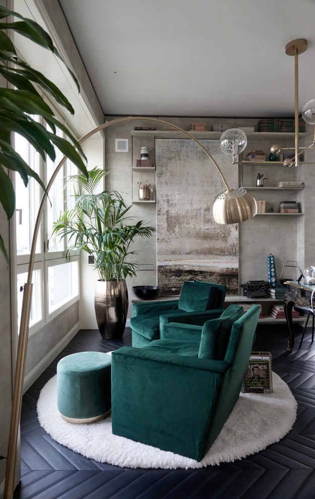 Ejemplo de sala de estar abierta minimalista sin televisor con paredes beige