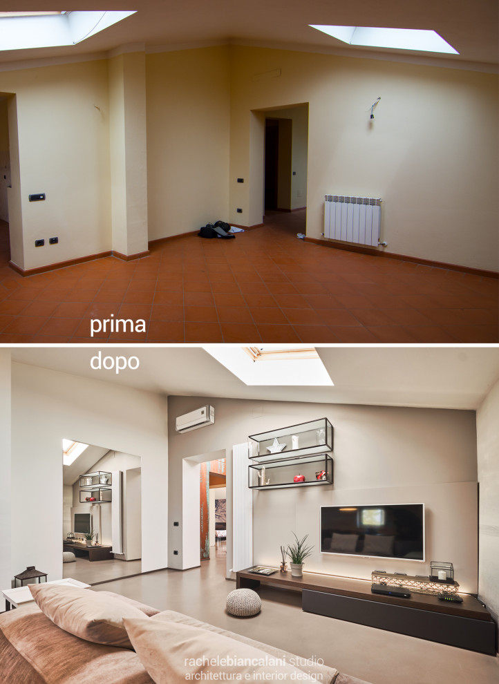 Foto de salón para visitas abierto actual de tamaño medio con paredes multicolor, suelo de cemento y suelo marrón