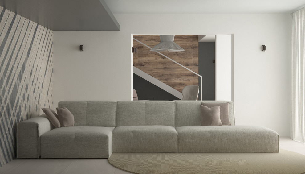 Idee per un soggiorno minimal aperto con pavimento con piastrelle in ceramica, cornice del camino in intonaco e TV a parete