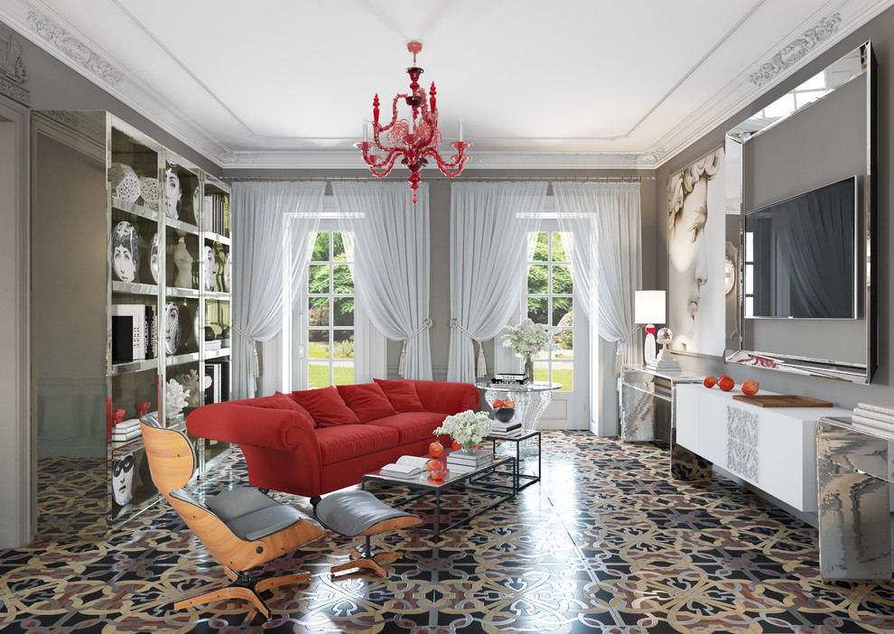 Пример оригинального дизайна: гостиная комната в стиле фьюжн с серыми стенами, телевизором на стене и разноцветным полом