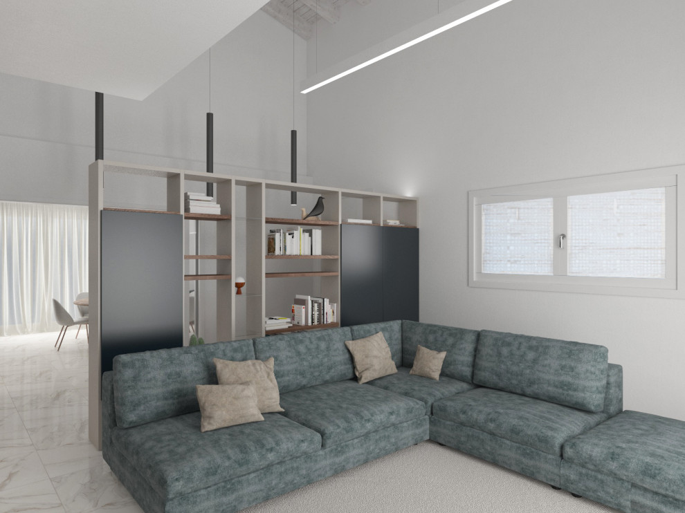 Immagine di un grande soggiorno minimalista aperto con libreria, pareti bianche, pavimento in gres porcellanato, TV a parete e pavimento bianco