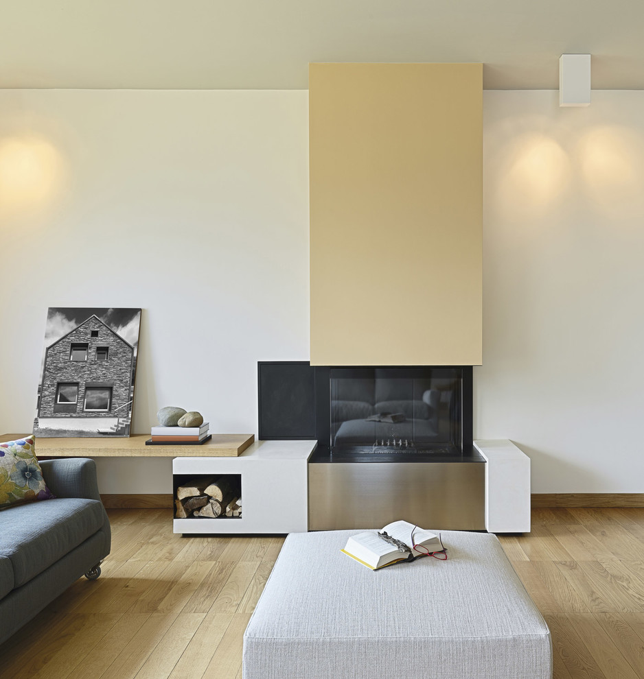 Immagine di un grande soggiorno design chiuso con pavimento in legno massello medio, cornice del camino in intonaco, camino classico e pareti bianche