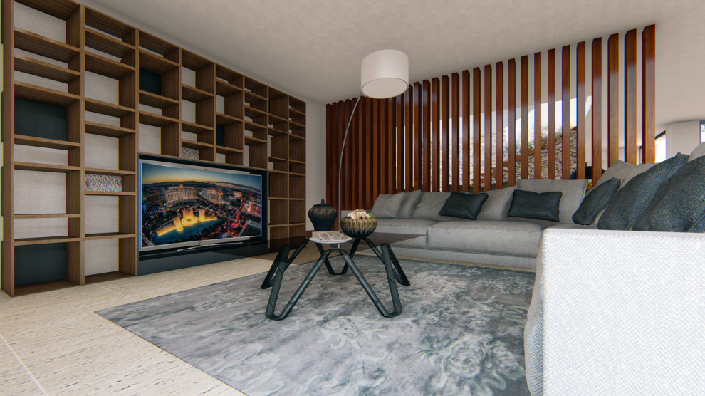 Inspiration for an expansive contemporary open plan games room in Milan with a reading nook, white walls, travertine flooring, a standard fireplace, a stone fireplace surround, a built-in media unit and beige floors.