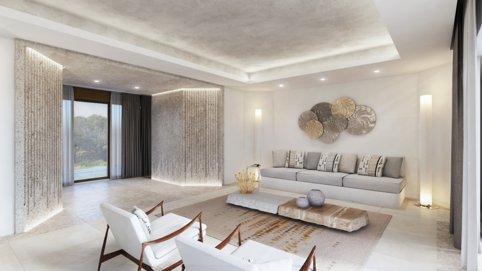 Идея дизайна: открытая гостиная комната среднего размера в современном стиле с белыми стенами, серым полом и многоуровневым потолком