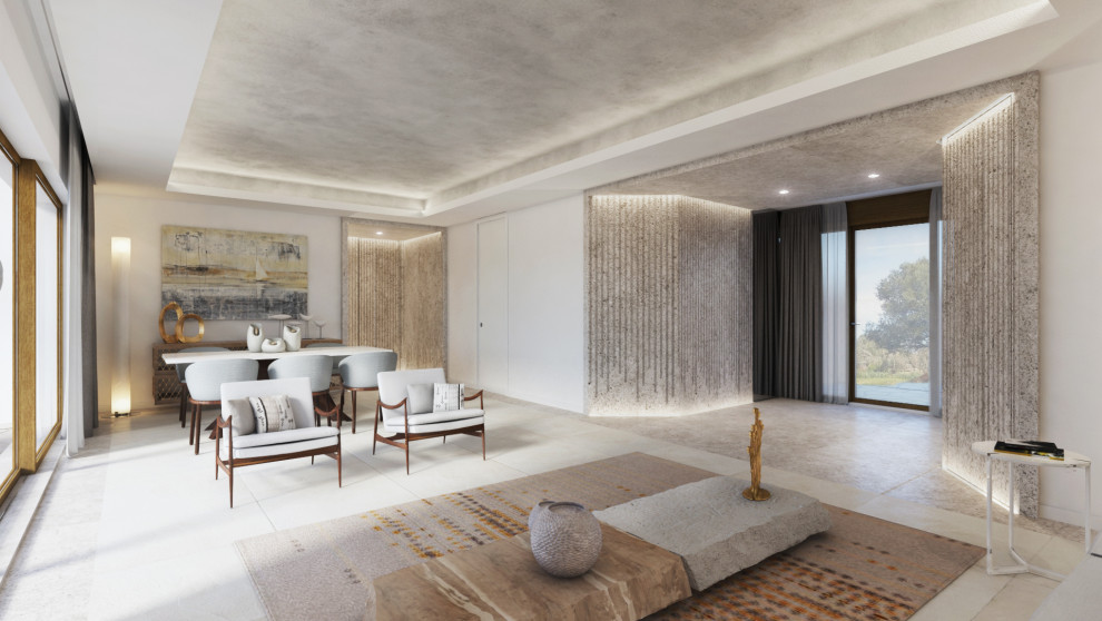 Свежая идея для дизайна: открытая гостиная комната среднего размера в современном стиле с белыми стенами, серым полом и многоуровневым потолком - отличное фото интерьера
