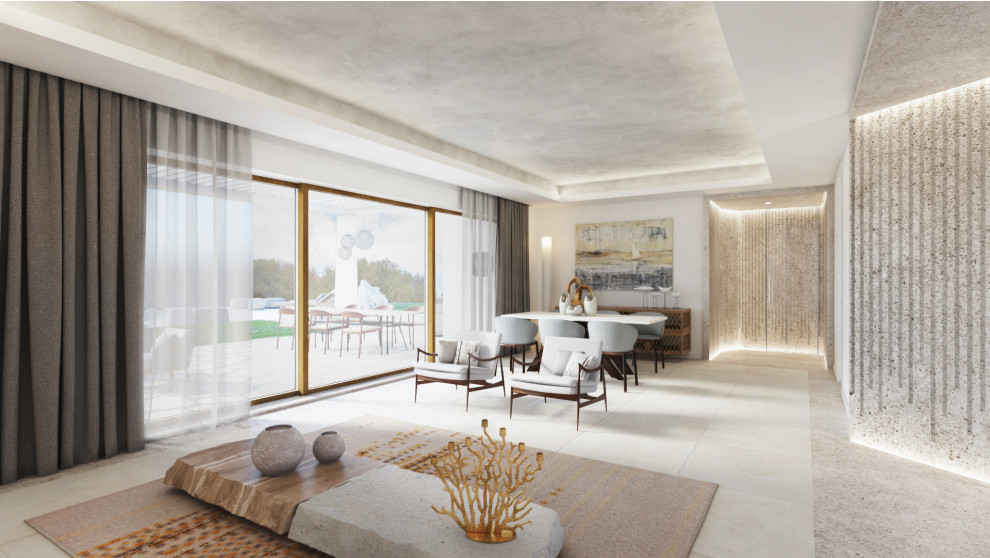 Ispirazione per un soggiorno design di medie dimensioni e aperto con pareti bianche, pavimento grigio e soffitto ribassato
