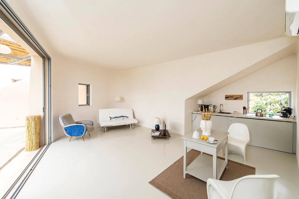Ispirazione per un grande soggiorno design con pareti bianche e pavimento in gres porcellanato