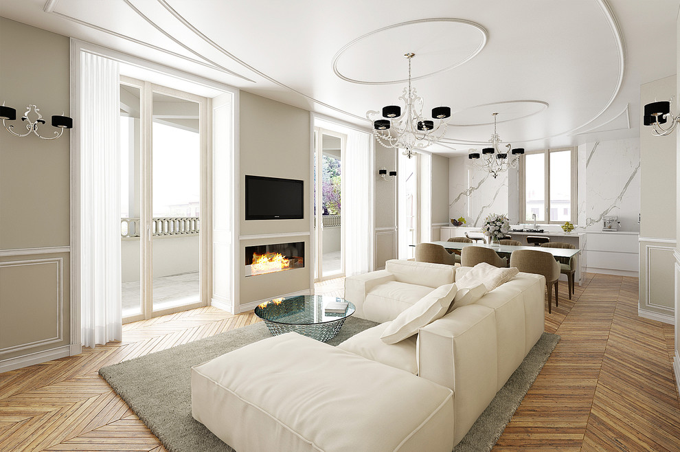 Offenes Modernes Wohnzimmer mit braunem Holzboden, Gaskamin, Kaminumrandung aus Stein und verstecktem TV in Mailand