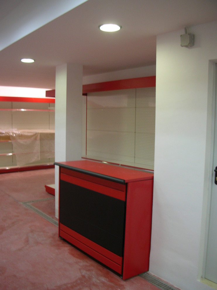 This is an example of an expansive contemporary look-out basement in Other with white walls, concrete flooring and red floors.