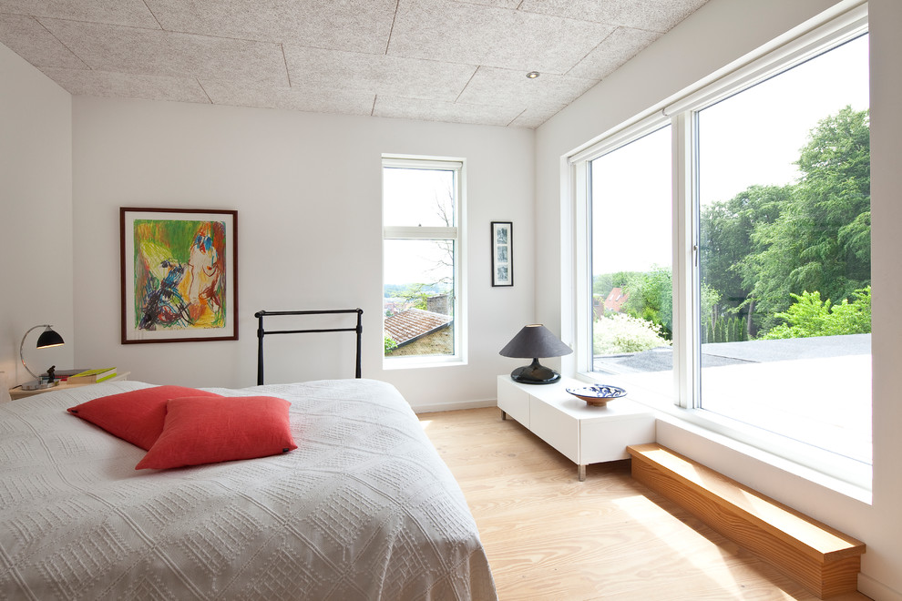 Идея дизайна: спальня в стиле модернизм с белыми стенами и светлым паркетным полом