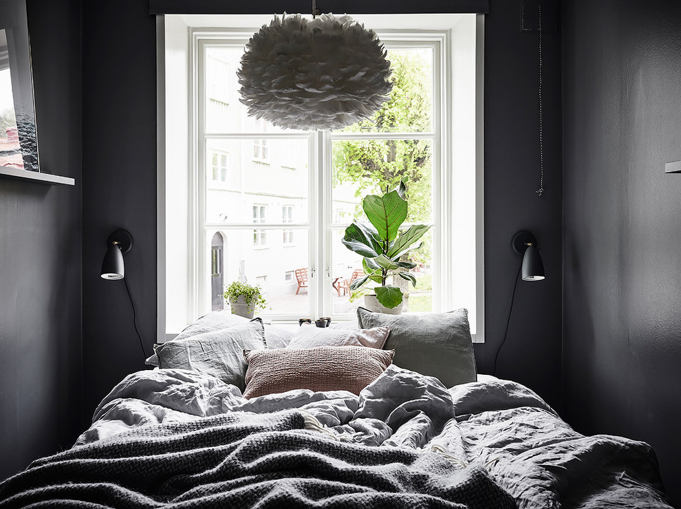Идея дизайна: маленькая спальня в скандинавском стиле с черными стенами для на участке и в саду