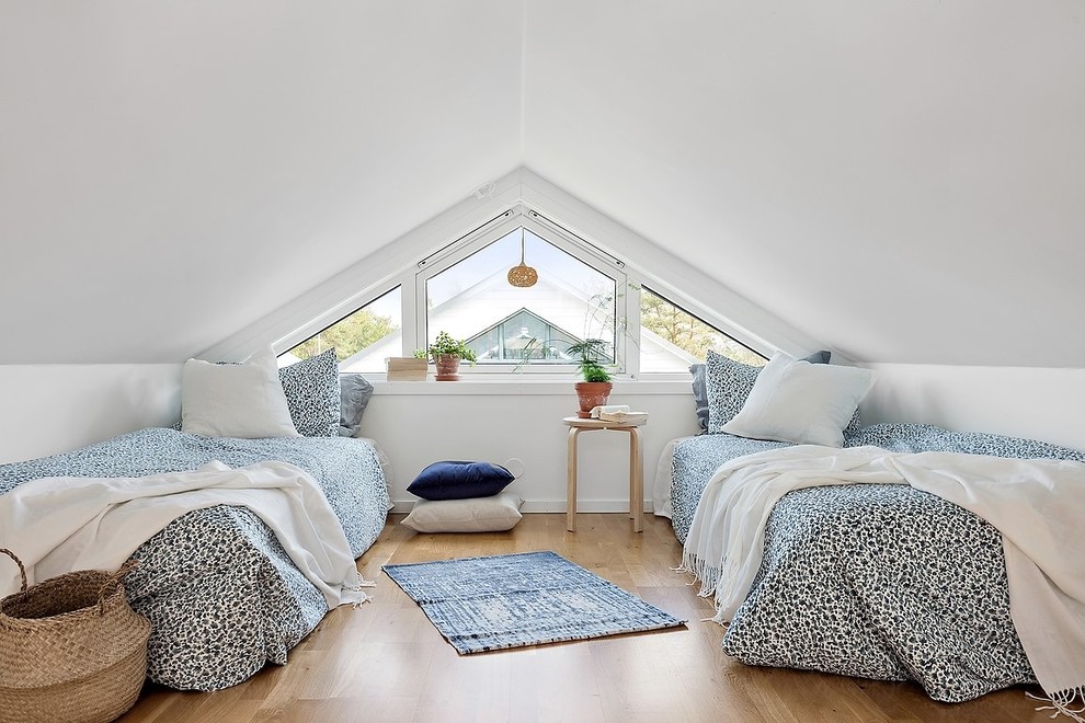 Photo of a scandi guest bedroom in Gothenburg with white walls, light hardwood flooring and no fireplace.