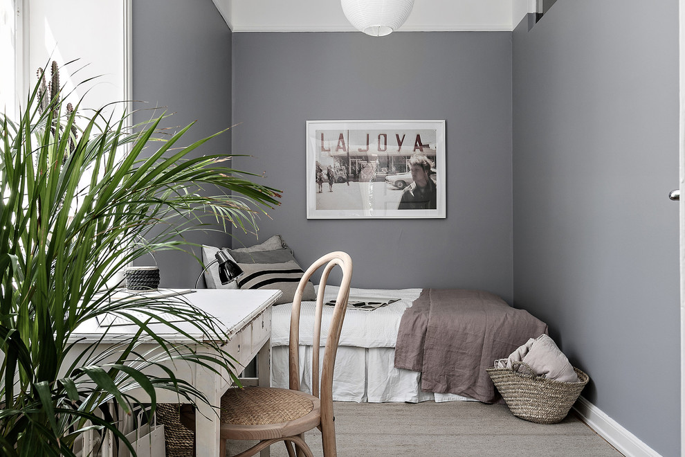 Idéer för ett minimalistiskt sovrum, med grå väggar