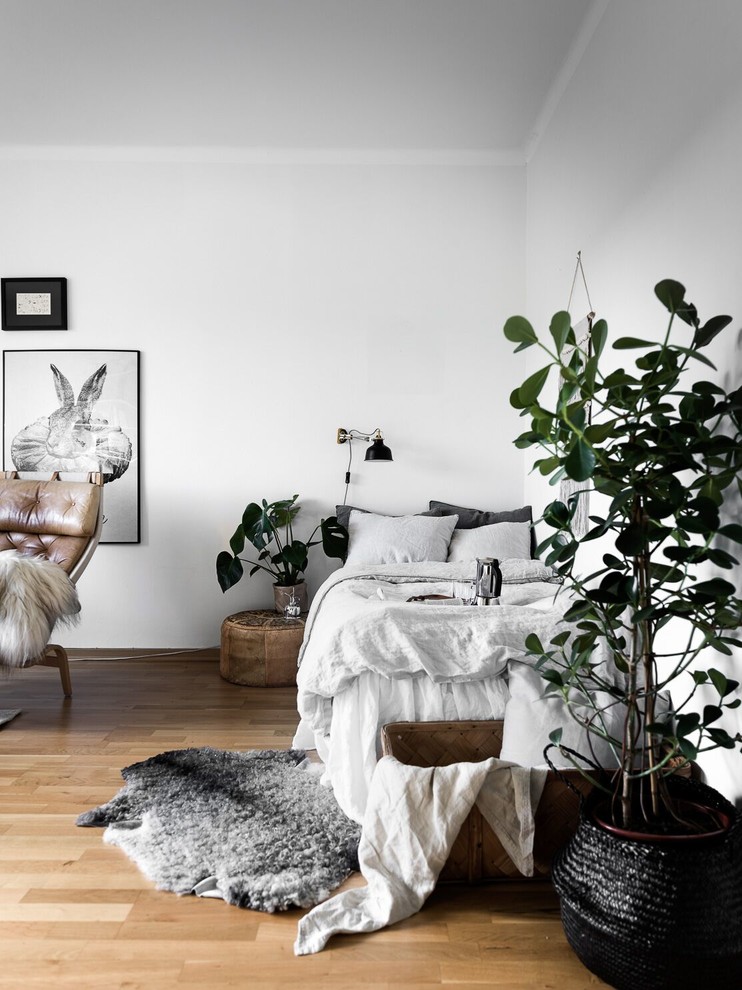 На фото: гостевая спальня среднего размера, (комната для гостей) в скандинавском стиле с белыми стенами и светлым паркетным полом