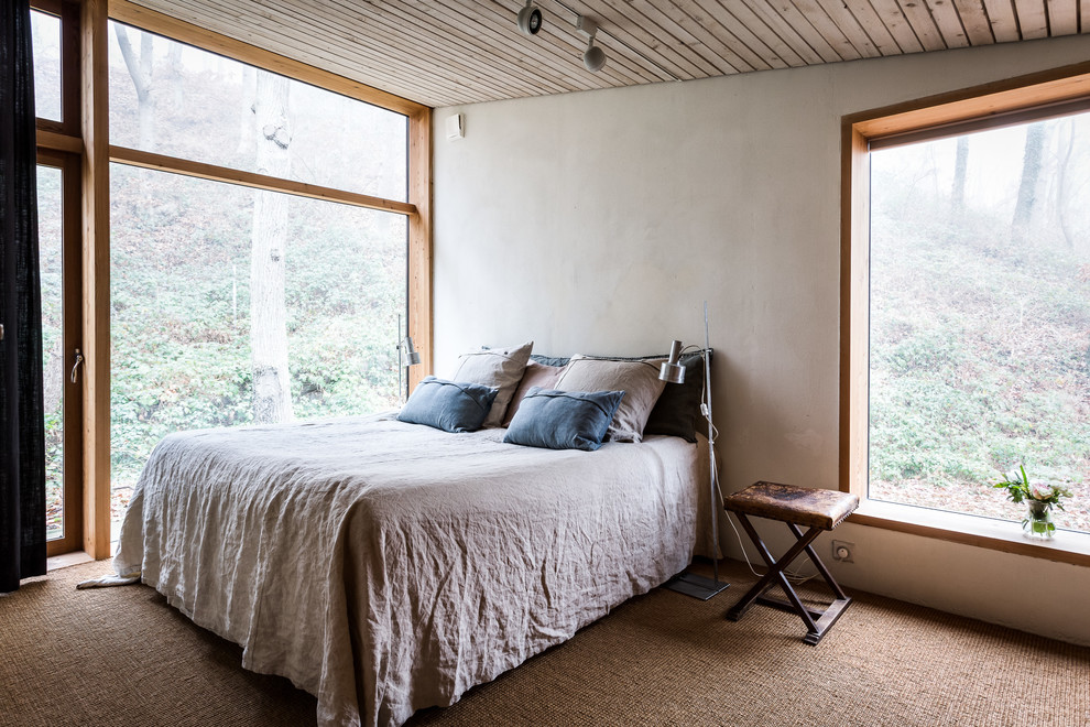 ストックホルムにある中くらいな北欧スタイルのおしゃれな主寝室 (グレーの壁、カーペット敷き) のインテリア