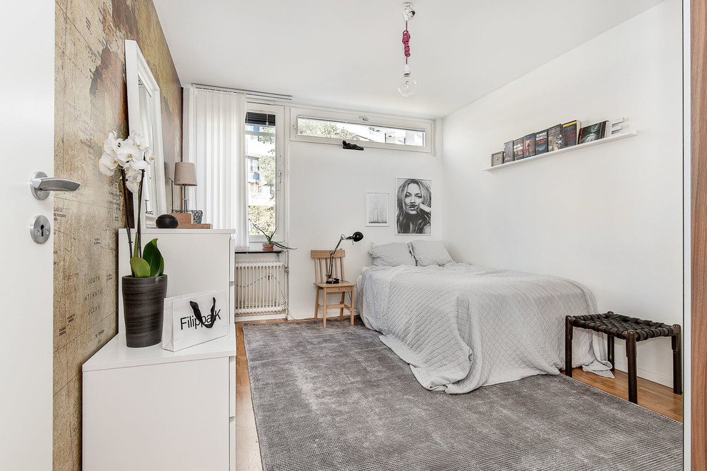 Идея дизайна: гостевая спальня среднего размера, (комната для гостей) в скандинавском стиле с белыми стенами