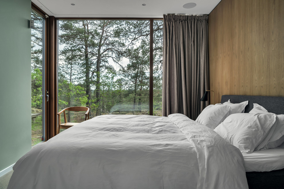 Свежая идея для дизайна: маленькая спальня в современном стиле с зелеными стенами для на участке и в саду - отличное фото интерьера