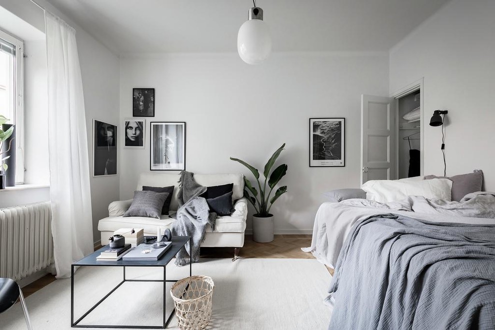 Ejemplo de dormitorio nórdico con paredes blancas, suelo de madera en tonos medios y suelo marrón